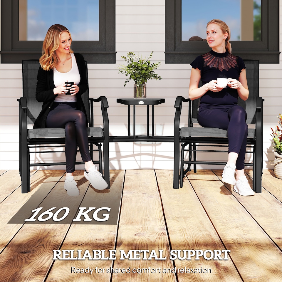 image 1 of Outsunny Outdoor Double Glider Rocking Chairs with Glass Top Middle Table, Metal Gliding Love Seat Conversation Furniture with Breathable Mesh Fabric Seat, for Garden, Patio, Black