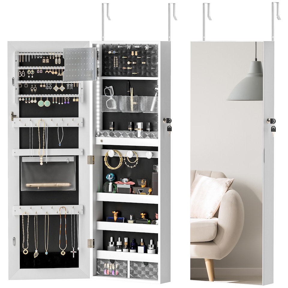 image 1 of HOMCOM Jewellery Cabinet with LED Lights, Door Hanging or Wall Mounted Full Length Mirror with Storage, Lockable Jewellery Organiser, White Surface and Black Lining | White | White Surface and Black Lining