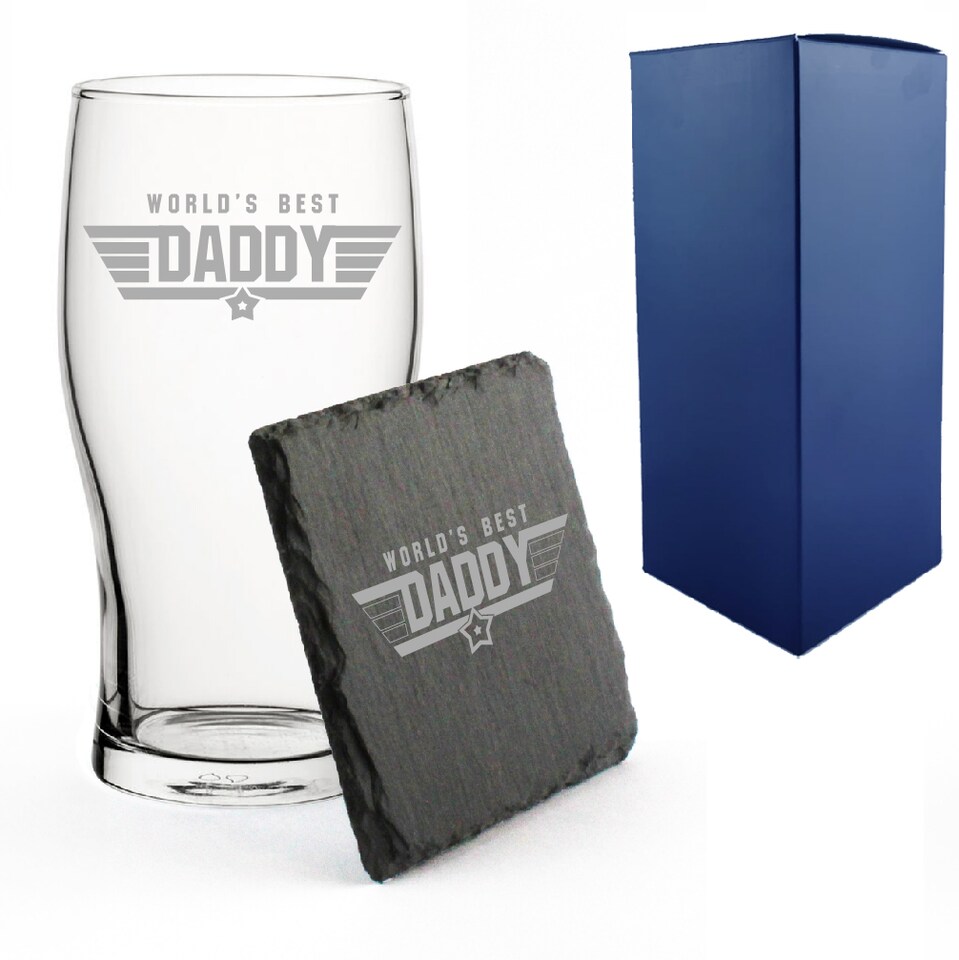 image 1 of Personalised Top Daddy Engraved Pint Glass Slate Coaster Set