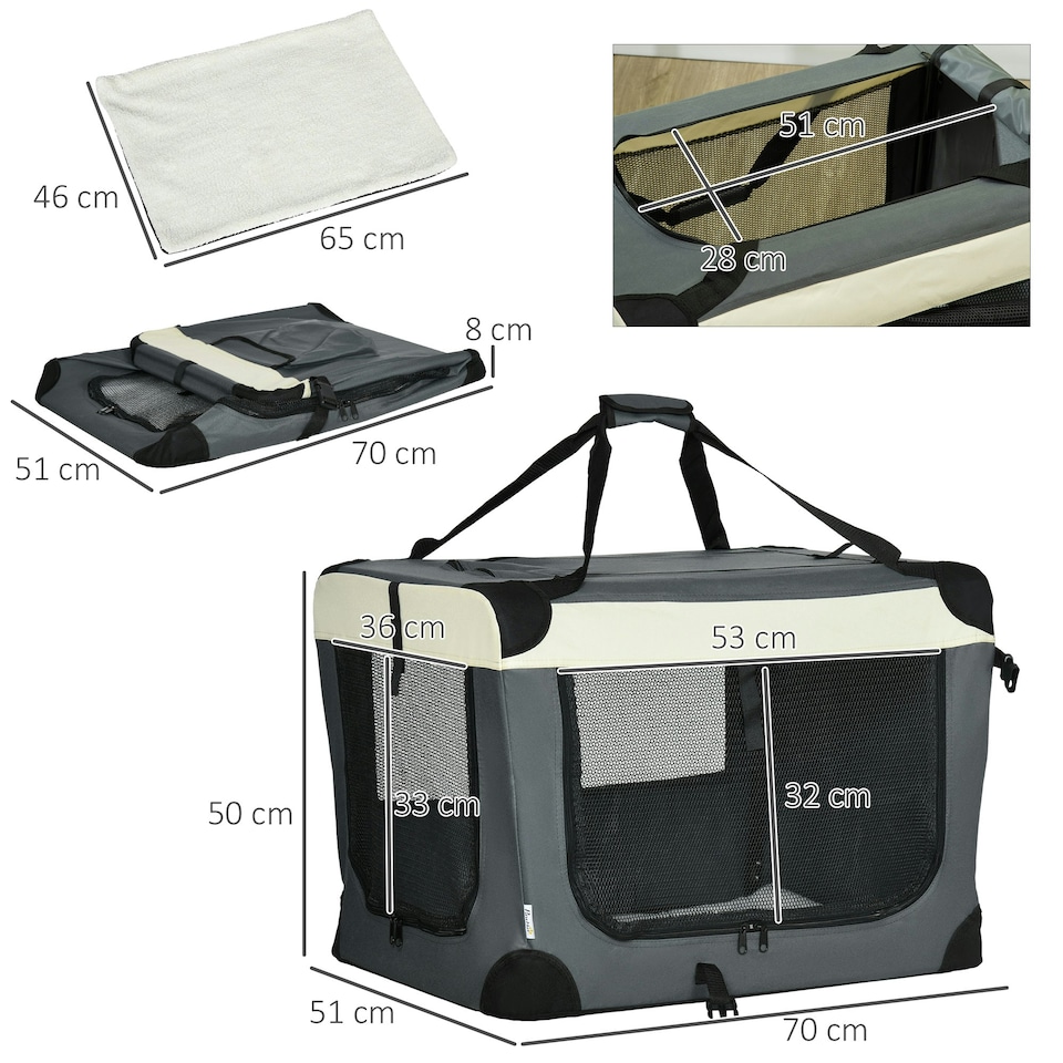 image 1 of PawHut 70cm Foldable Pet Carrier Bag Soft Travel Dog Crate for Small Dogs Grey