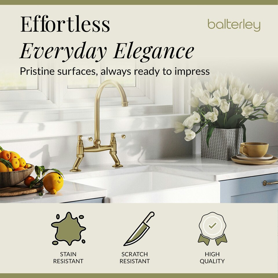 image 1 of Fireclay Kitchen Bundle - Single Bowl Belfast Sink, Strainer Waste & Bridge Lever Tap, 595mm - Brushed Brass - Balterley