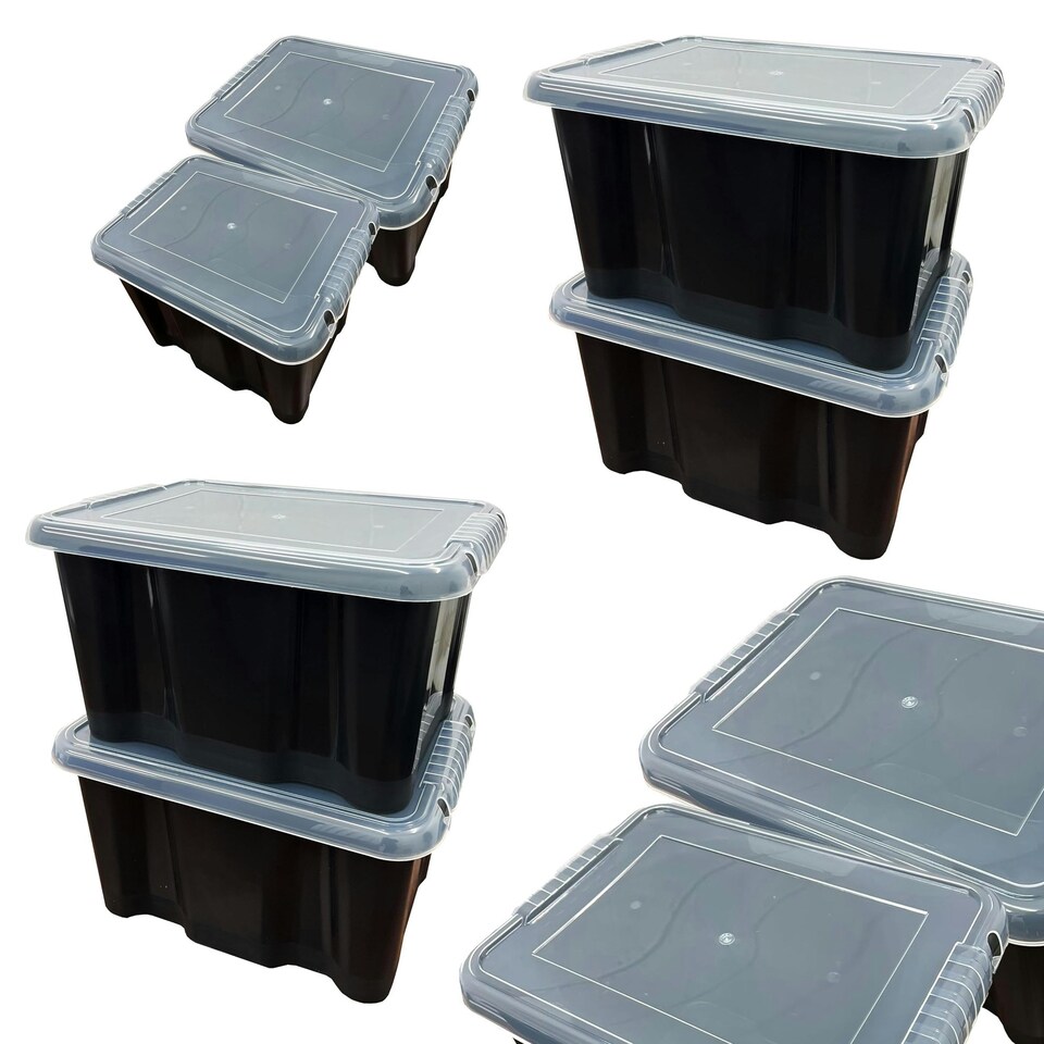 image 1 of 3 x Stackable 24 Litre Black Plastic Storage Containers With See Through Transparent Lids For Home/Office Black