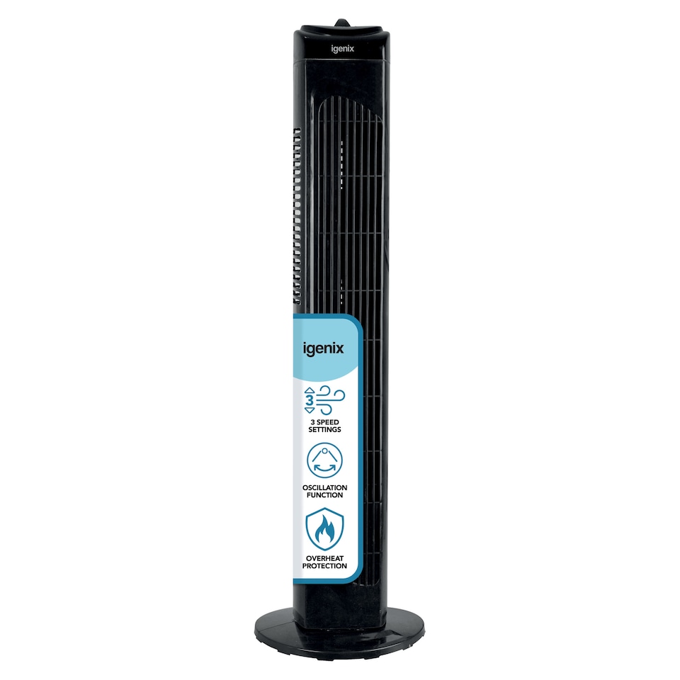 image 1 of Igenix DF0029BL Tower Fan, Oscillating, 29 Inch, 3 Speed Settings with Auto Shut Off, Black