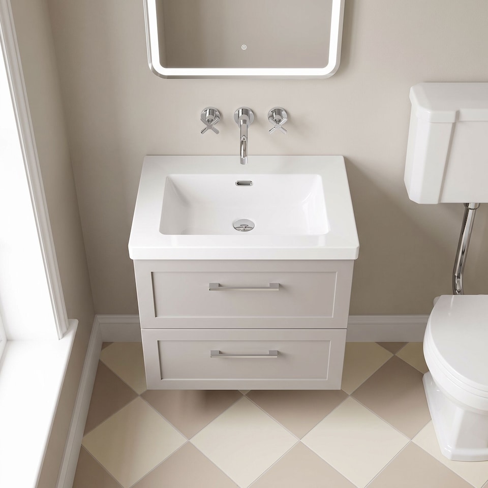 image 1 of Balterley Stonnall Traditional Wall Hung 2 Drawers Vanity Unit with 0 Tap Hole Fireclay Basin, 600mm, Pebble Grey