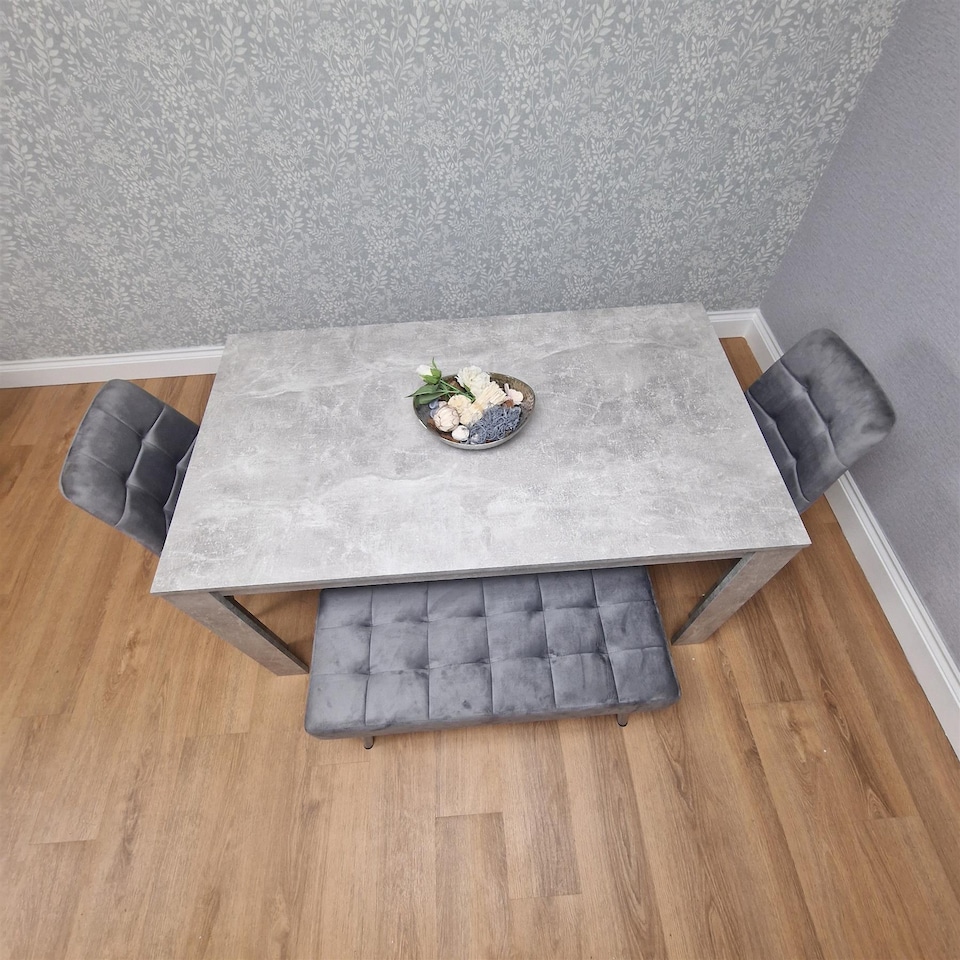 image 1 of Grey Wooden Dining Table Set with 2 Chairs and 2 Benches Dining Kitchen Furniture