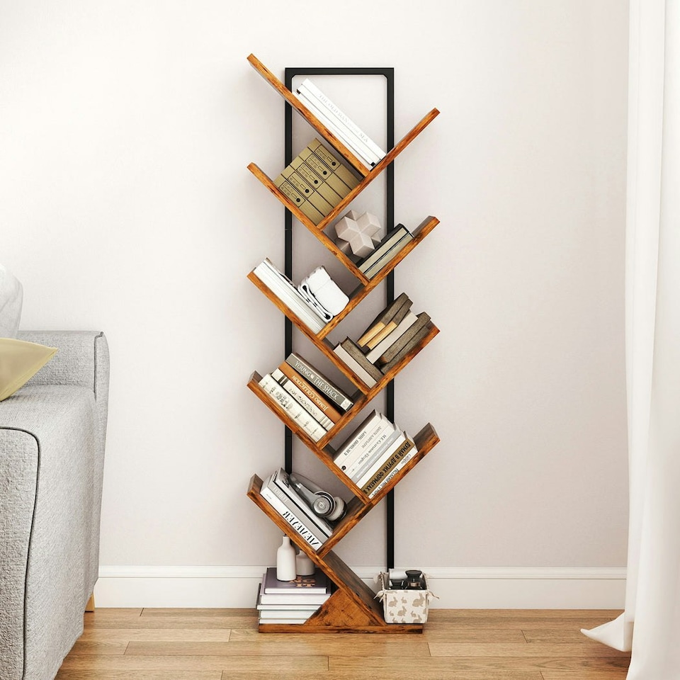 image 1 of Levede 9 Tier Wooden Tree Bookshelf Corner Bookcase Modern Display Storage Rack