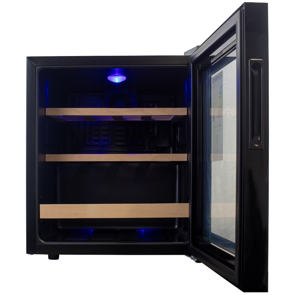 image 1 of HYE 46L Wine Cooler 15 Bottles, 43cm, Touch Controls, LED Lights, Black, Wooden Shelves - RF01WC15B31