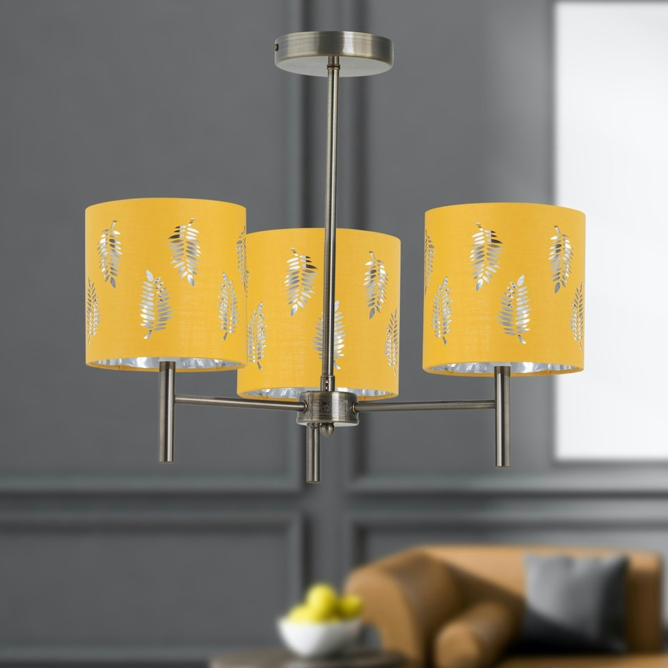 image 1 of Brea - Antique Brass 3 Light Fitting with Ochre Fern Shades Bronze | Yellow