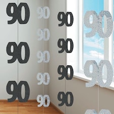 Black Glitz 90th Birthday Hanging Decoration - 5 Ft / 152cm - Pack of 6 Strings