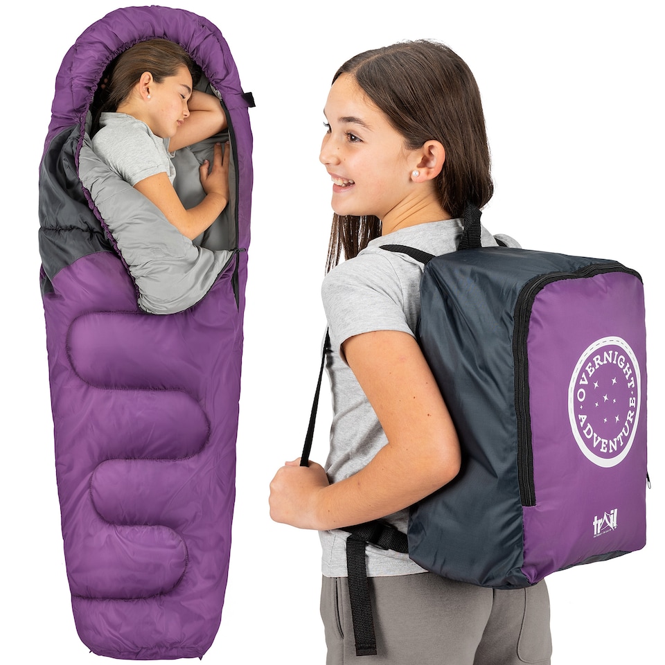 image 1 of Trail Kids Sleeping Bag Mummy Hooded 3 Season Soft Warm 2 Way Zip Boys Girls | Purple | Kids | 1