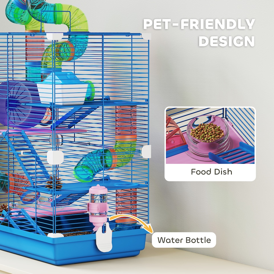 image 1 of Pawhut 5 Tier Hamster Cage, Gerbil Cage with Tube Exercise Wheels, Tunnel, Water Bottle, Dishes, Blue, 58H x 46L x 30Wcm