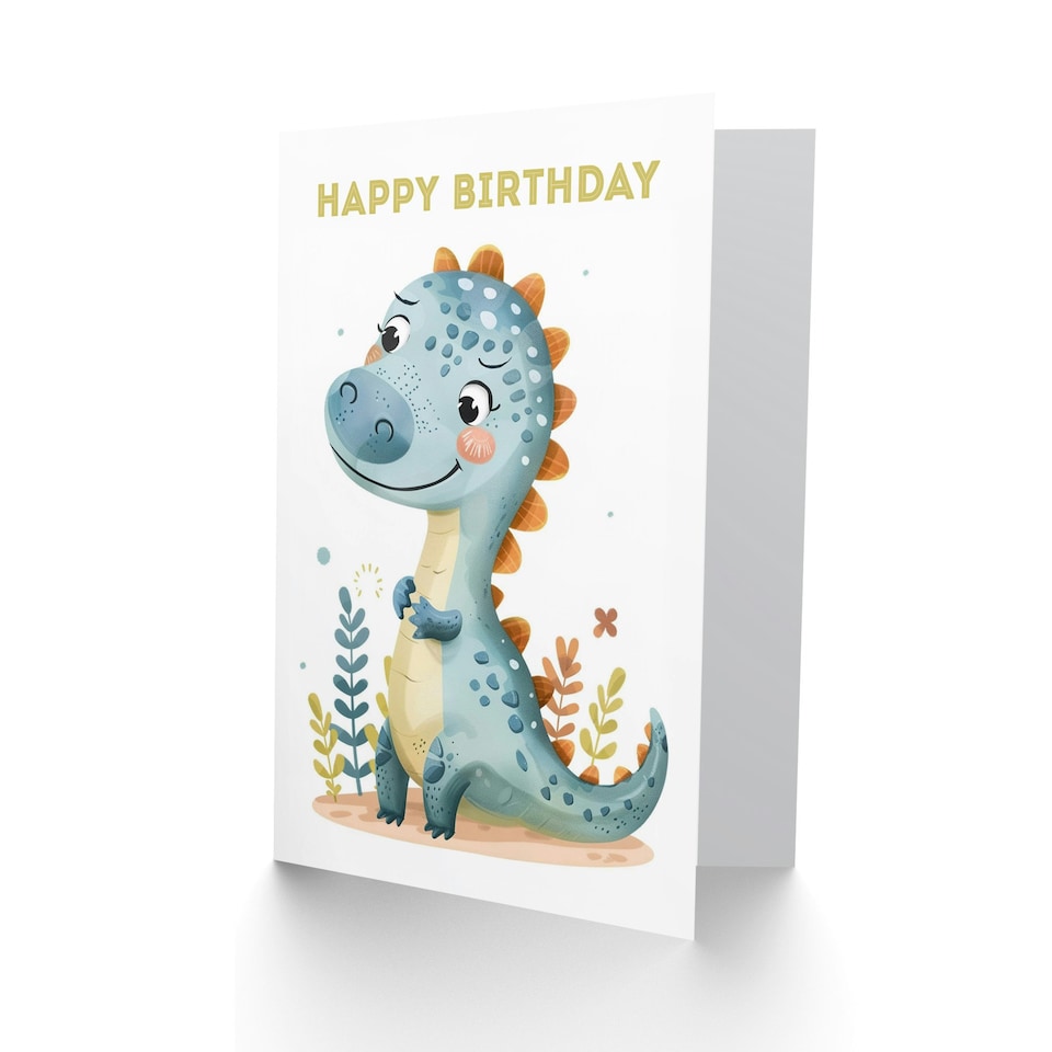 image 1 of Cute Dinosaur Cartoon Drawing Fun Kids Girl Child Kids Birthday Card
