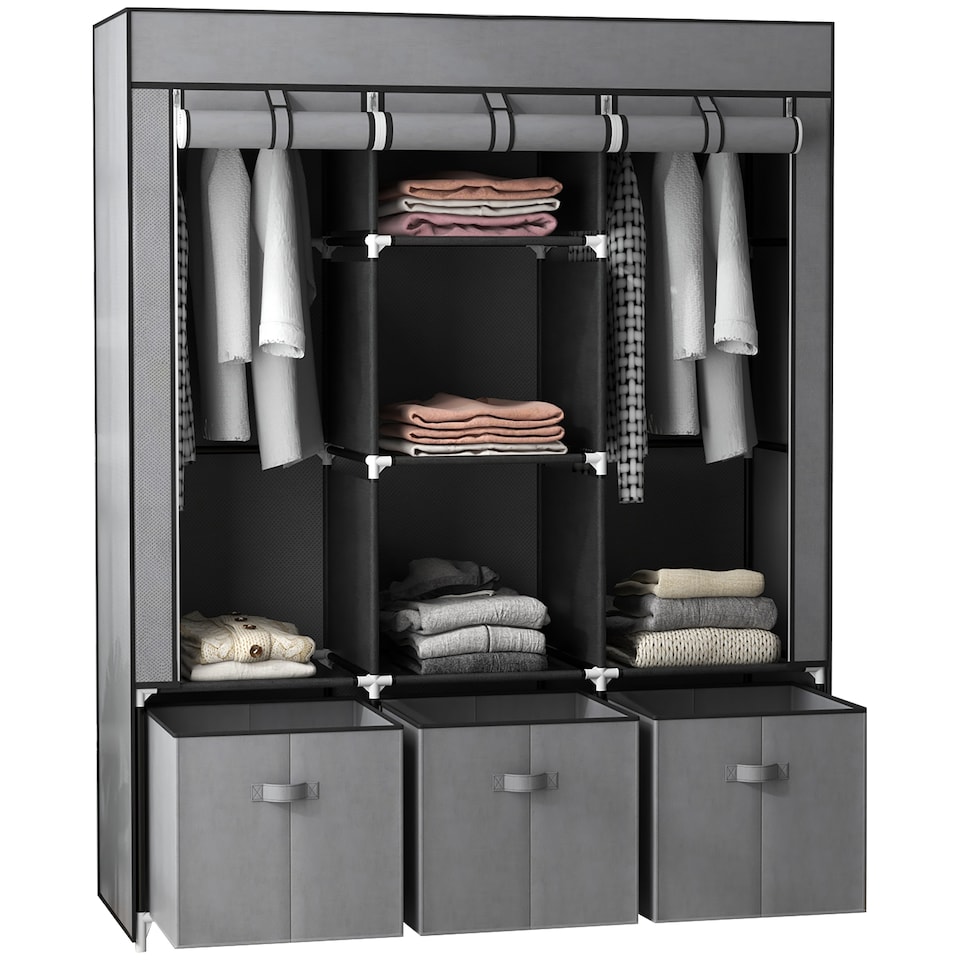 image 1 of HOMCOM Fabric Wardrobe for Bedroom, Portable Wardrobe with 5 Shelves, 2 Hanging Rails and 3 Fabric Drawers, Foldable Closet, 125 x 43 x 162.5cm, Dark Grey