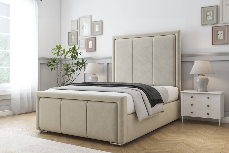 image 1 of Sloomy Lancaster Cream Plush Bed Frame With Mattress With 50" Upholstered Headboard 6' Super King