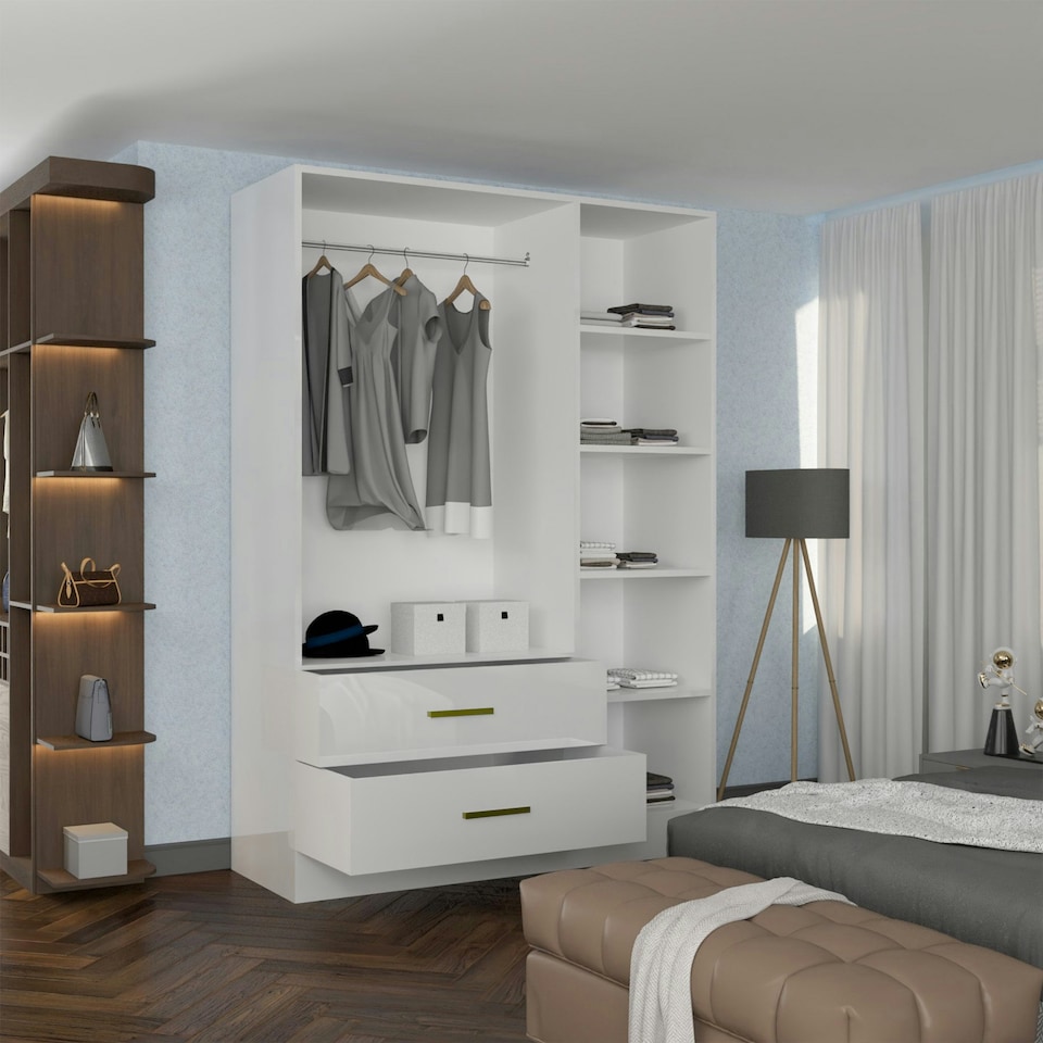 image 1 of Modern 3-Door High Gloss Wardrobe with Dual Mirrors, Gold Accent Handles, Drawers & Shelves-116cm Wide White | White116cm