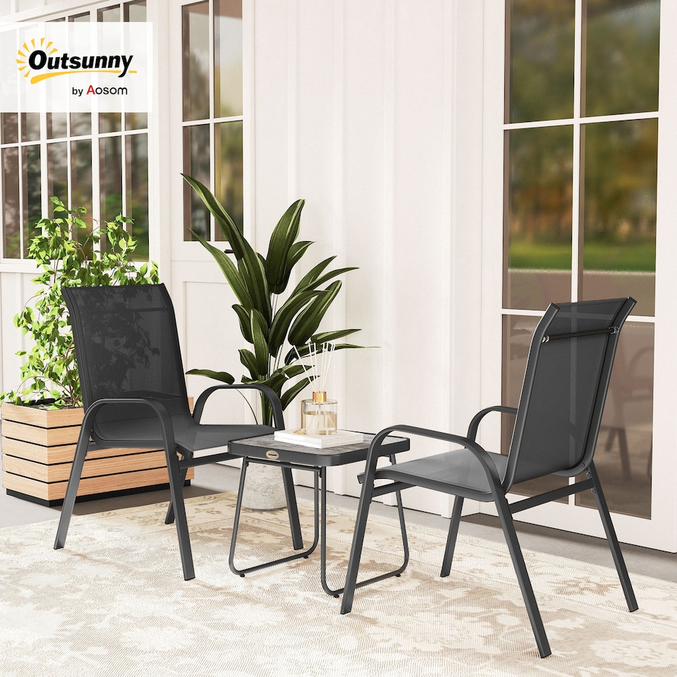 image 1 of Outsunny Garden Bistro Set, 3 Piece Garden Furniture Set with Stackable Armchairs and SPC Board Coffee Table, Bistro Table and Chairs with Texteline Seats for Balcony, Porch, Black