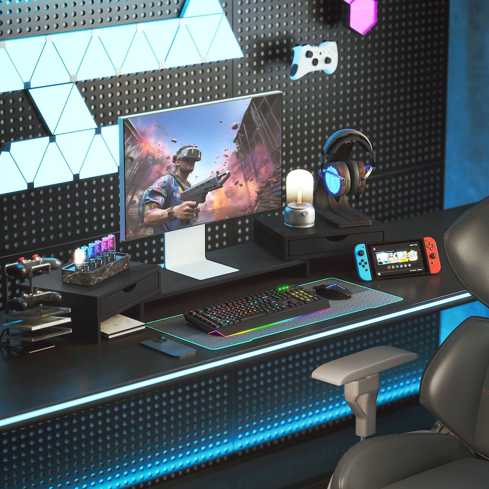 image 1 of HOMCOM Dual Monitor Stand Riser with 2 Drawers, Adjustable Length and Angle, 116cm Monitor Riser for Laptop, Computer, PC, Small Printer, Black