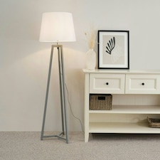 ValueLights Lottie Grey Wood Tripod Floor Lamp with White Fabric Tapered Shade and LED Bulb