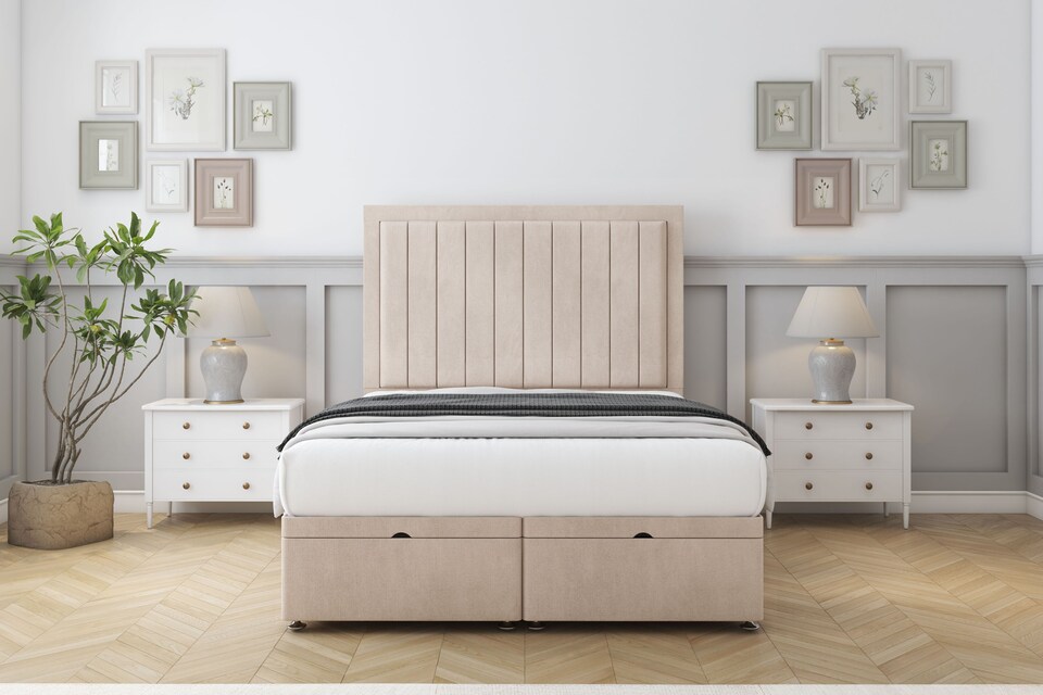 image 1 of Sloomy Pemberton Sand Naples Ottoman Bed Base With 26" Strutted Headboard 5' King | Cream | Sand | King | 1