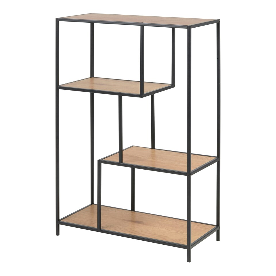 image 1 of Seaford Black Metal Asymmetrical Bookcase with 3 Oak Shelves