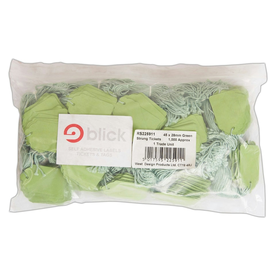 image 1 of Blick Tags Strung, 45mm x 28mm, Rectangular, Green, 1000 Labels