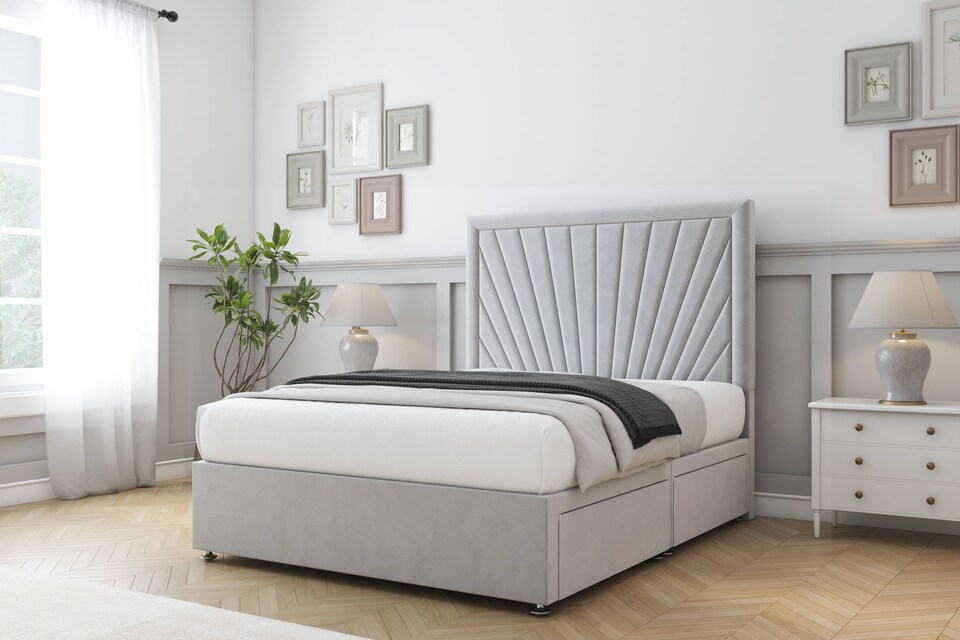 image 1 of Sloomy Somerset Silver Plush Divan Bed Base No Drawers With 26 Inch Strutted Headboard | Silver | Silver | Double | 1