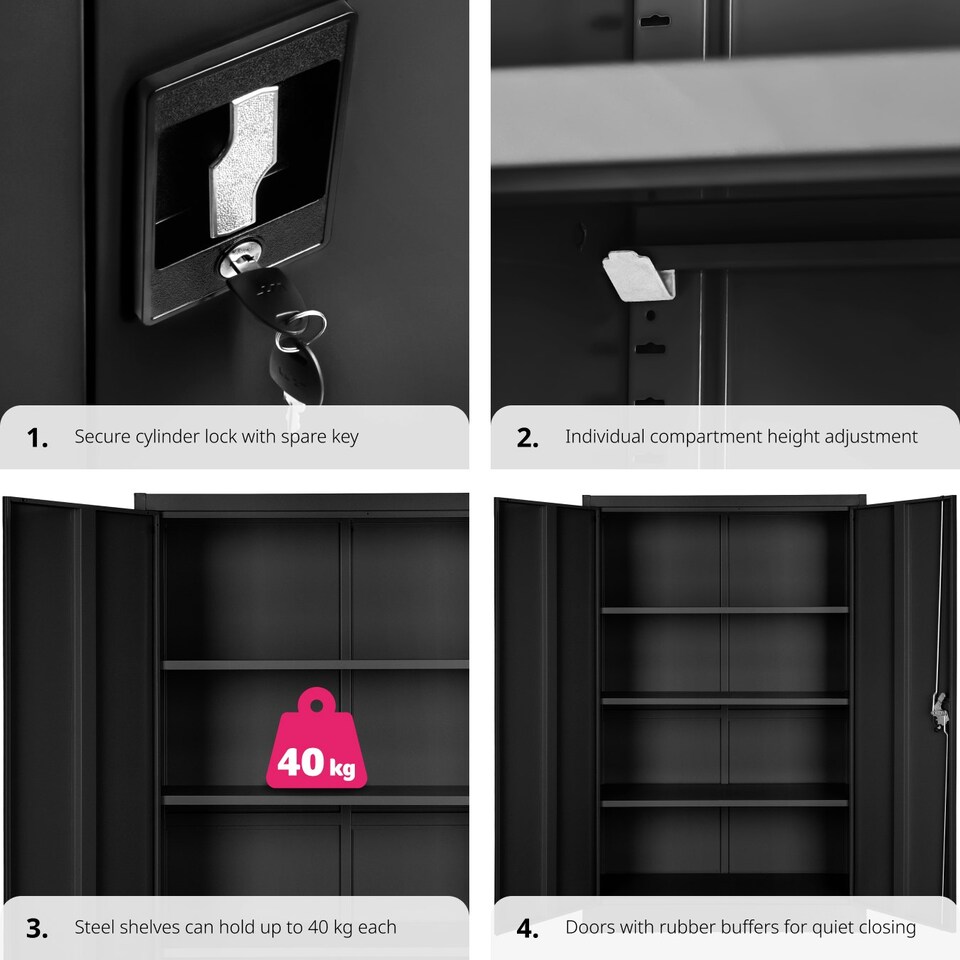 image 1 of Filing Cabinet - 4 adjustable shelves, lockable, 140 x 90 x 40 cm Black