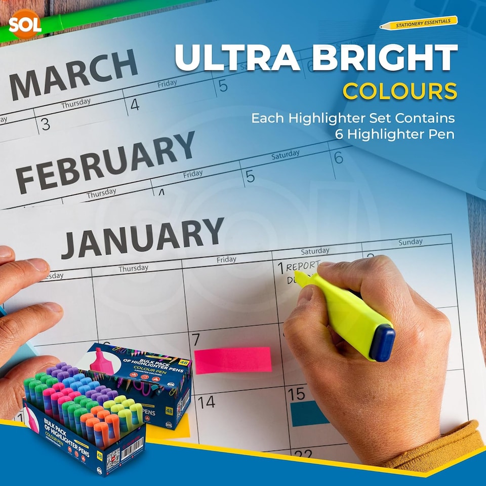 image 1 of 48pk Highlighter Pens – Bright Fluorescent Chisel Tip Markers, Quick-Drying Non-Bleed for Office, Study, Planners & Diaries