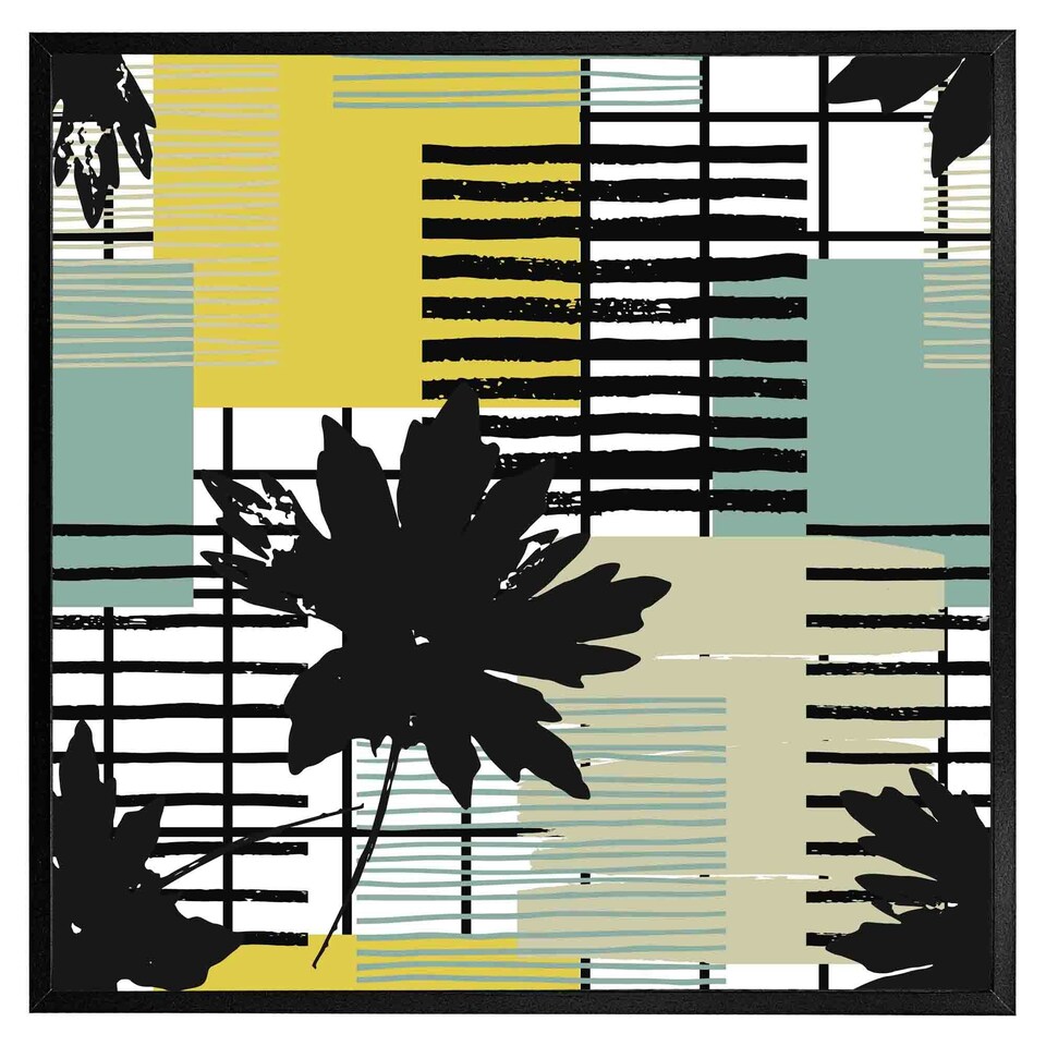 image 1 of Geometric shape & leaf print in yellow & green (Picture Frame) Grey | L