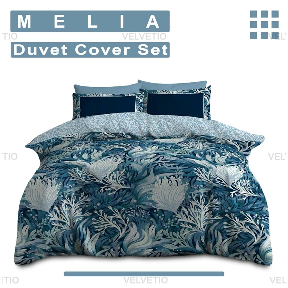 image 1 of VELVETIO Melia Complete Duvet Cover Set with Fitted Sheet Printed Bedding Quilt Blue | King