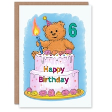 Teddy Bear Cake Party Hat Cartoon Cute 6th 6 Year Old Child Kids Birthday Card