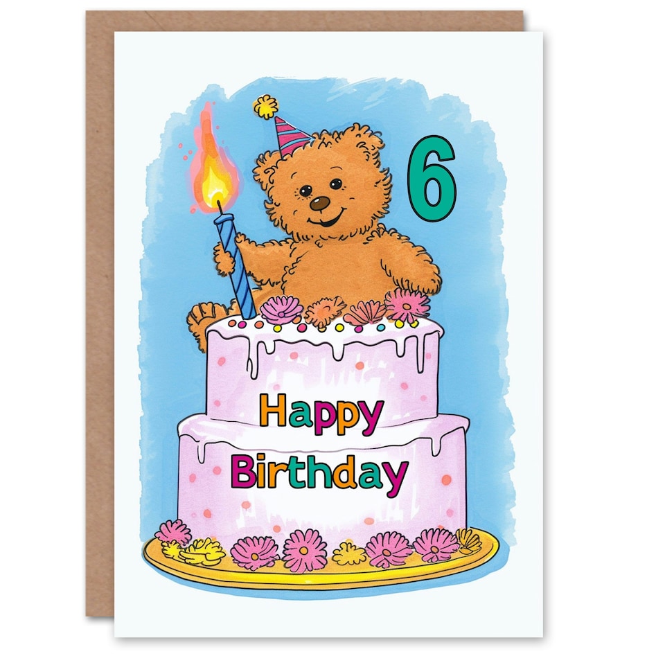 image 1 of Teddy Bear Cake Party Hat Cartoon Cute 6th 6 Year Old Child Kids Birthday Card
