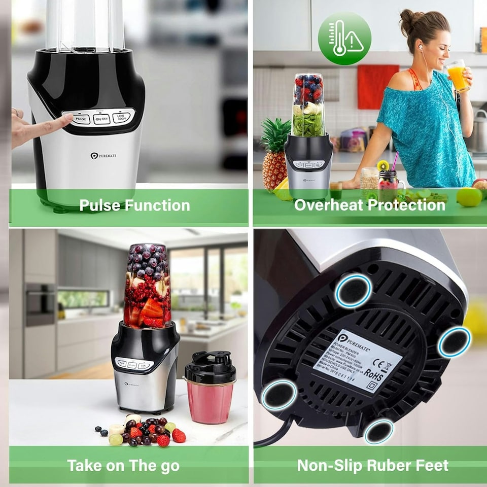 image 1 of PureMate Smoothie Maker and Blender, 1000 Watts, 8 Piece Set, 3 Speed Settings, Stainless Steel Blades Silver