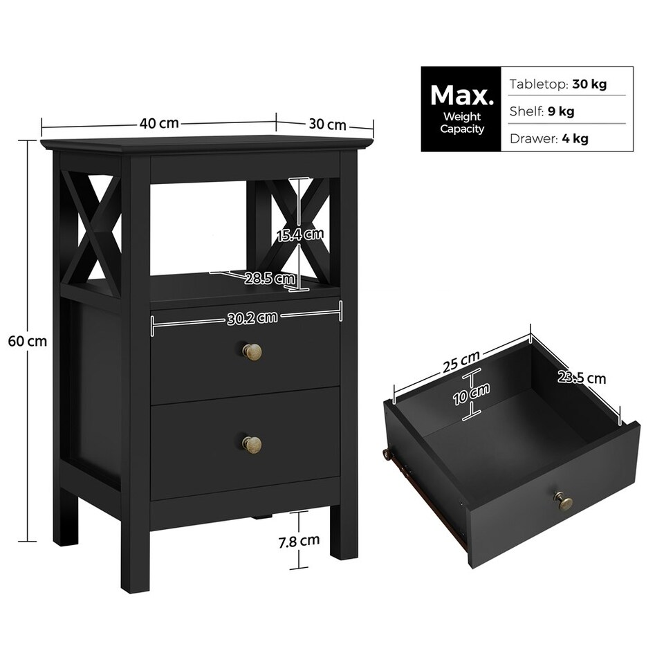 image 1 of Yaheetech Farmhouse Bedside Table with 2 Drawer 1 Shelf Black