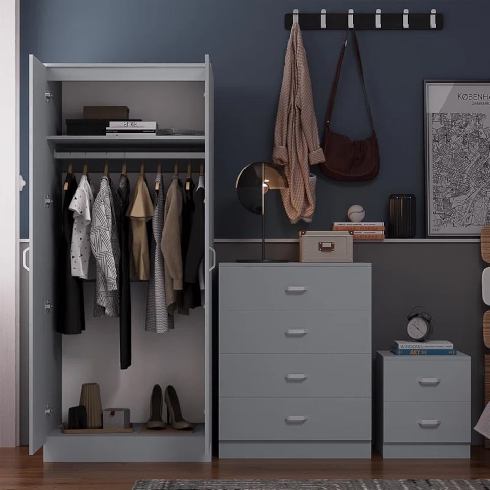 image 1 of FWStyle Tunis 3 Piece Bedroom Furniture Set - Matt Grey - Wardrobe + Chest + Bedside