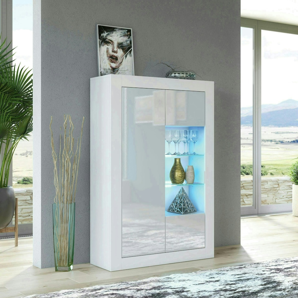image 1 of White Display Cabinet 93cm Gloss Doors Free LED Modern Storage Unit | White