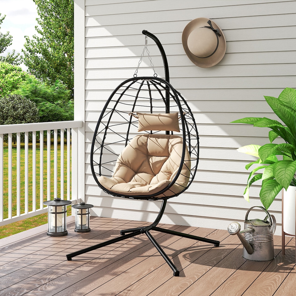 image 1 of Outsunny Garden Egg Chair Outdoor Hanging Swing Chair, Folding Basket, Khaki