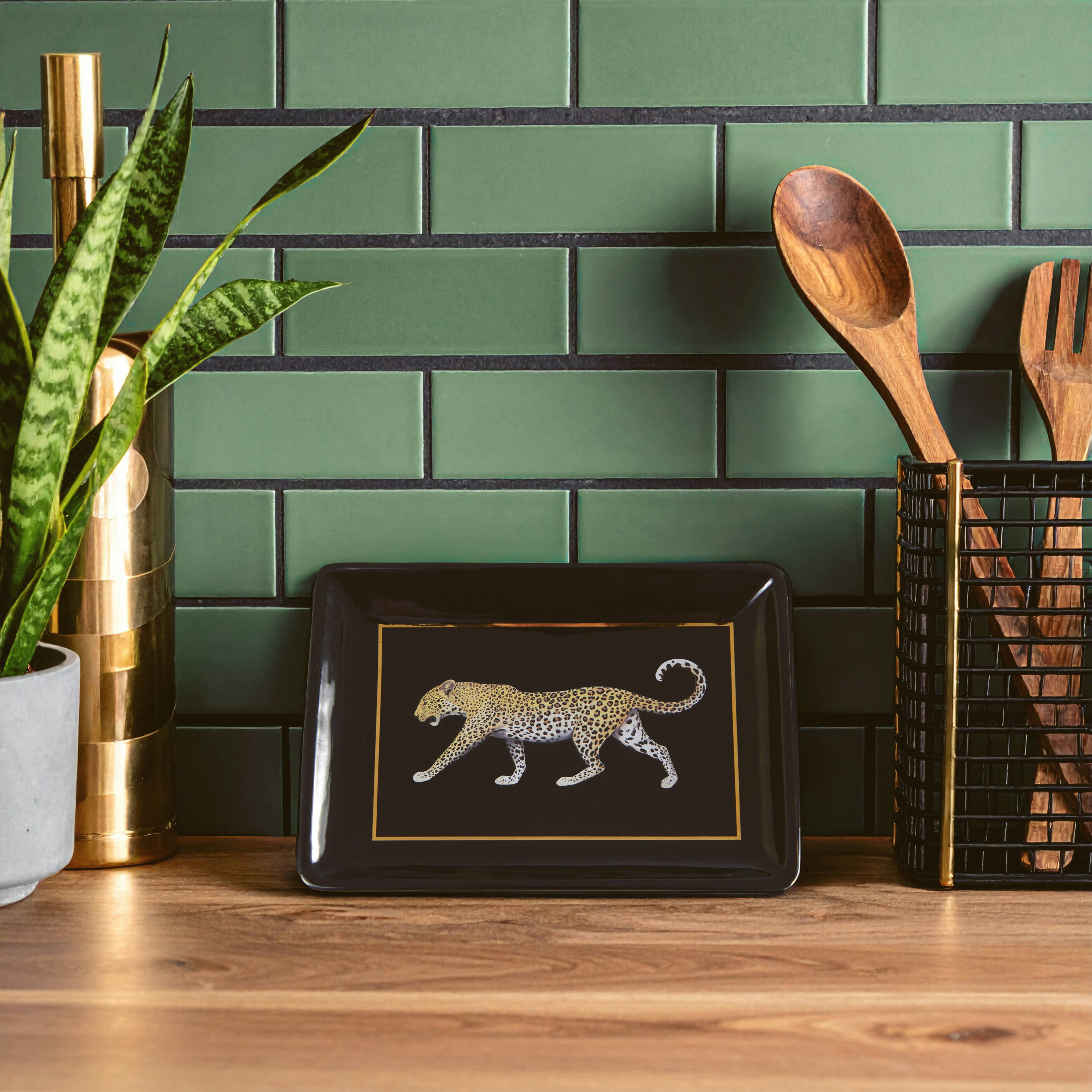 Orsina Black & Gold Leo Tray,Elegant Food Tray With Leopard Print,Durable Gold Trim Bar Tray,Multi-Purpose Lap Tray