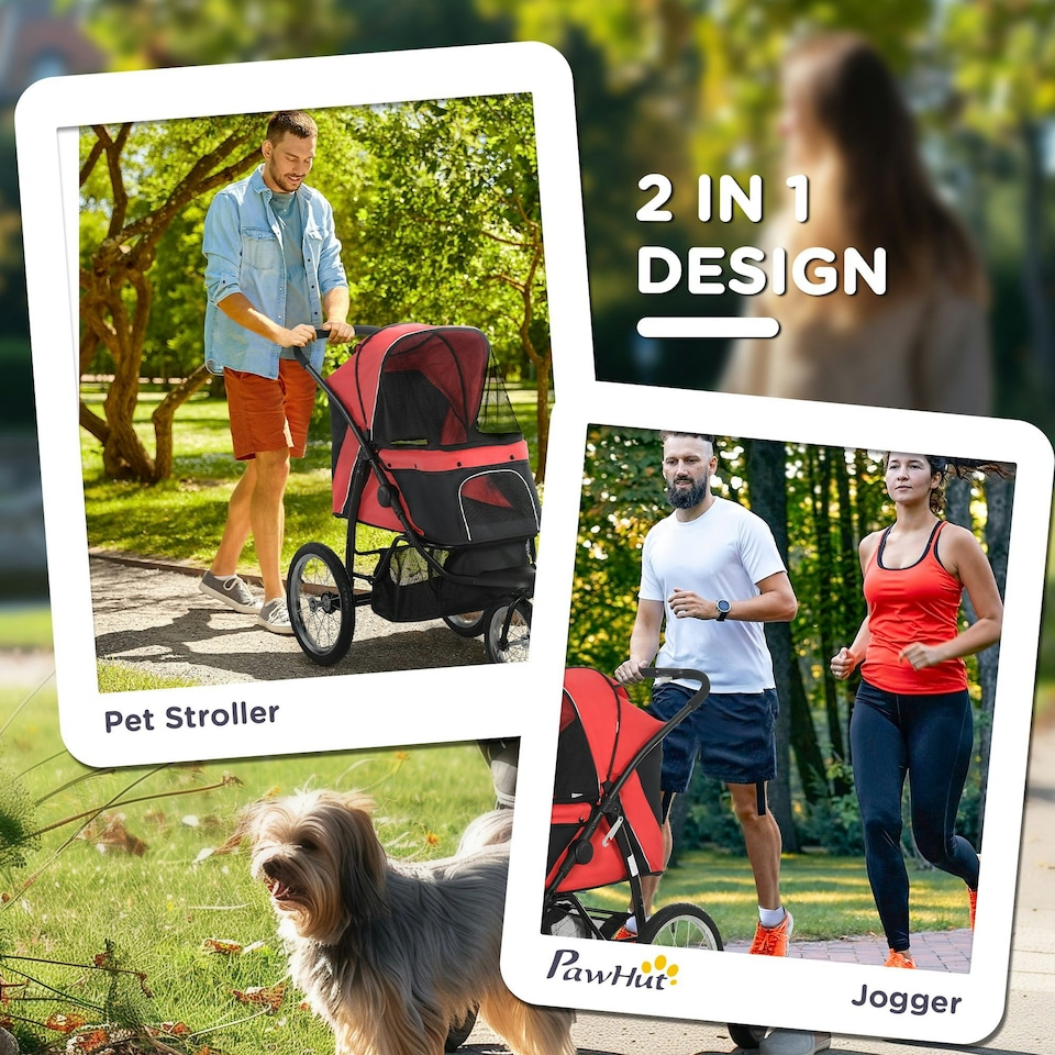 image 1 of PawHut Three-Wheel Pet Stroller, for Medium, Small Dogs, Foldable Cat Pram - Red