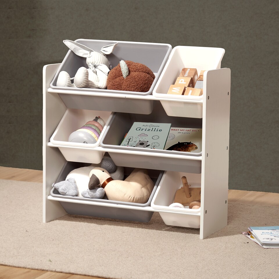 image 1 of Wooden Toy Storage Unit with 6x Removable Toy Boxes - Children's Toy Organiser, 3 Shelves | White | One Size | 1