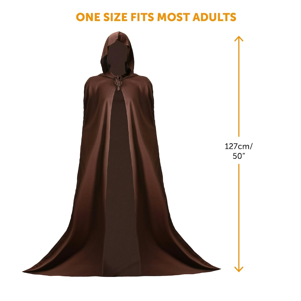 image 1 of Brown Hooded Cape 50" – Viking, Warrior, Trolls, Jedi Fancy Dress – One Size Fits Most N/A | One Size