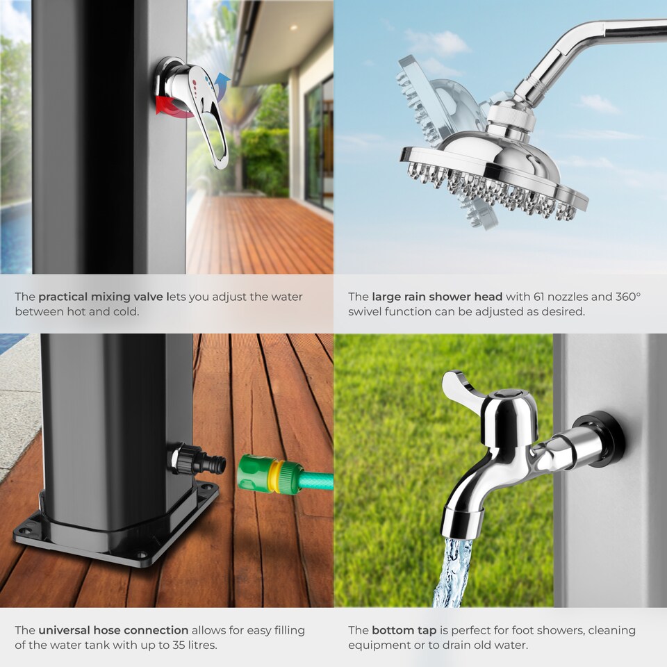 image 1 of Solar Shower Ofanto - 35 litre, warm water, rain shower head, including tap | Black | black/silver | 44,50 x 18 x 217 cm | 1
