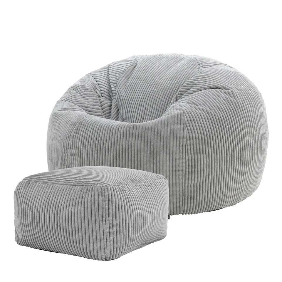 image 1 of icon Kingston Cord Adults Bean Bag Chair and Pouffe, Ready Filled Beanbag and Footstool Grey Grey | Grey