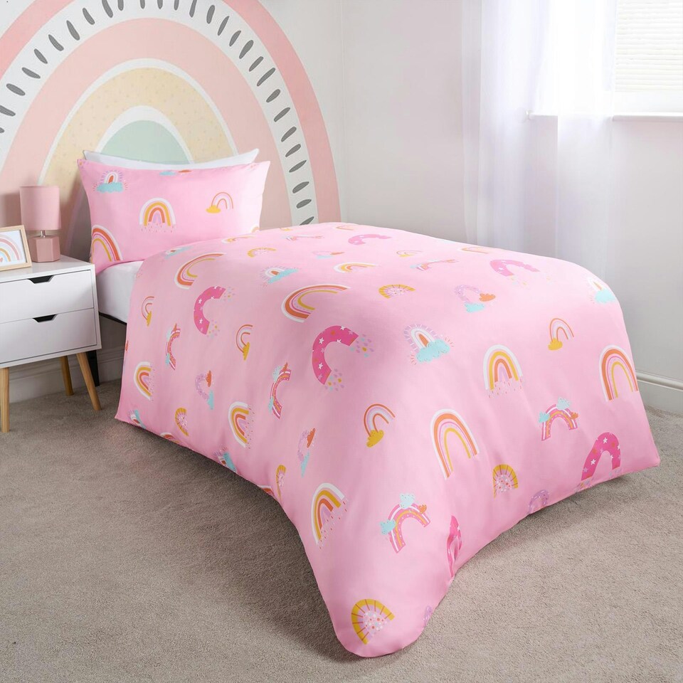 image 1 of OHS Kids Bright Rainbow Reversible Duvet Cover and Pillowcase Set, Single - Pink