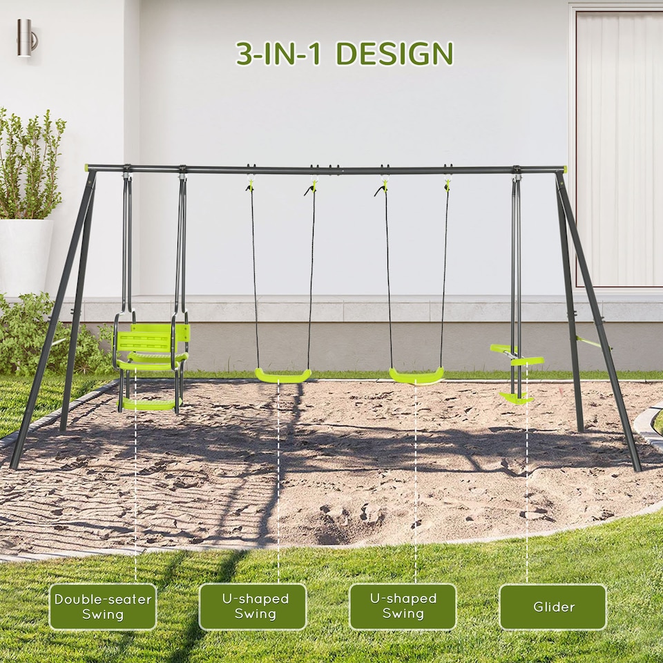 image 1 of Outsunny Garden Swing Set with Double Swings, Glider, Swing Seats for Outdoors