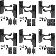 Golden Grace Premium Victorian Scroll Door Handles Latch in Matt Black Finish with Black Ball Bearing Hinges & Latch Pack, 6 Sets - 120mm x 40mm Backplate Black