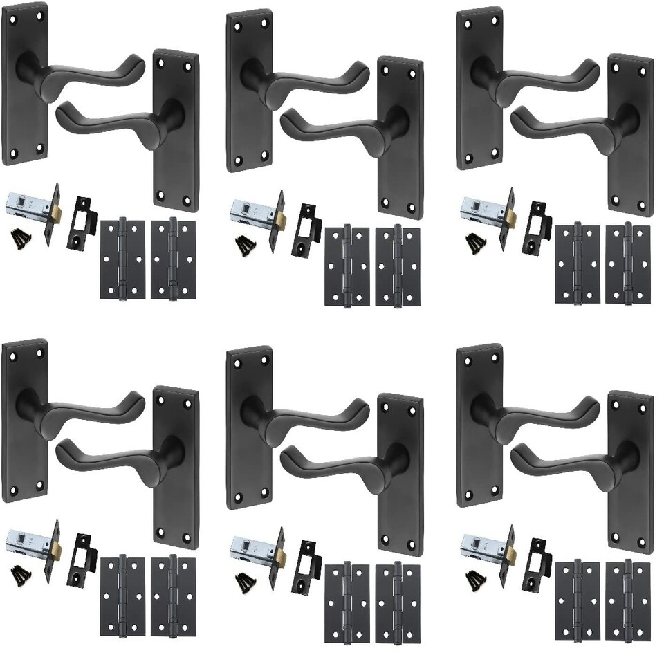 image 1 of Golden Grace Premium Victorian Scroll Door Handles Latch in Matt Black Finish with Black Ball Bearing Hinges & Latch Pack, 6 Sets - 120mm x 40mm Backplate Black