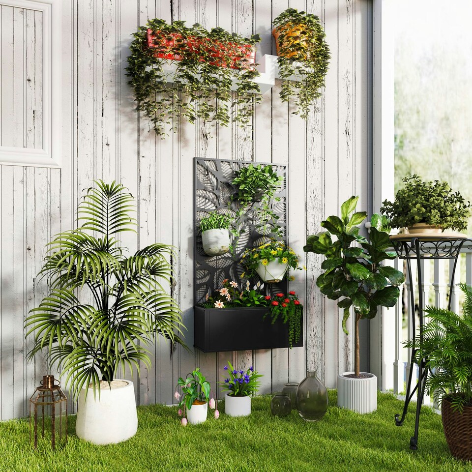 image 1 of Outsunny Metal Raised Garden Bed with Trellis, Elevated Planter Box Black
