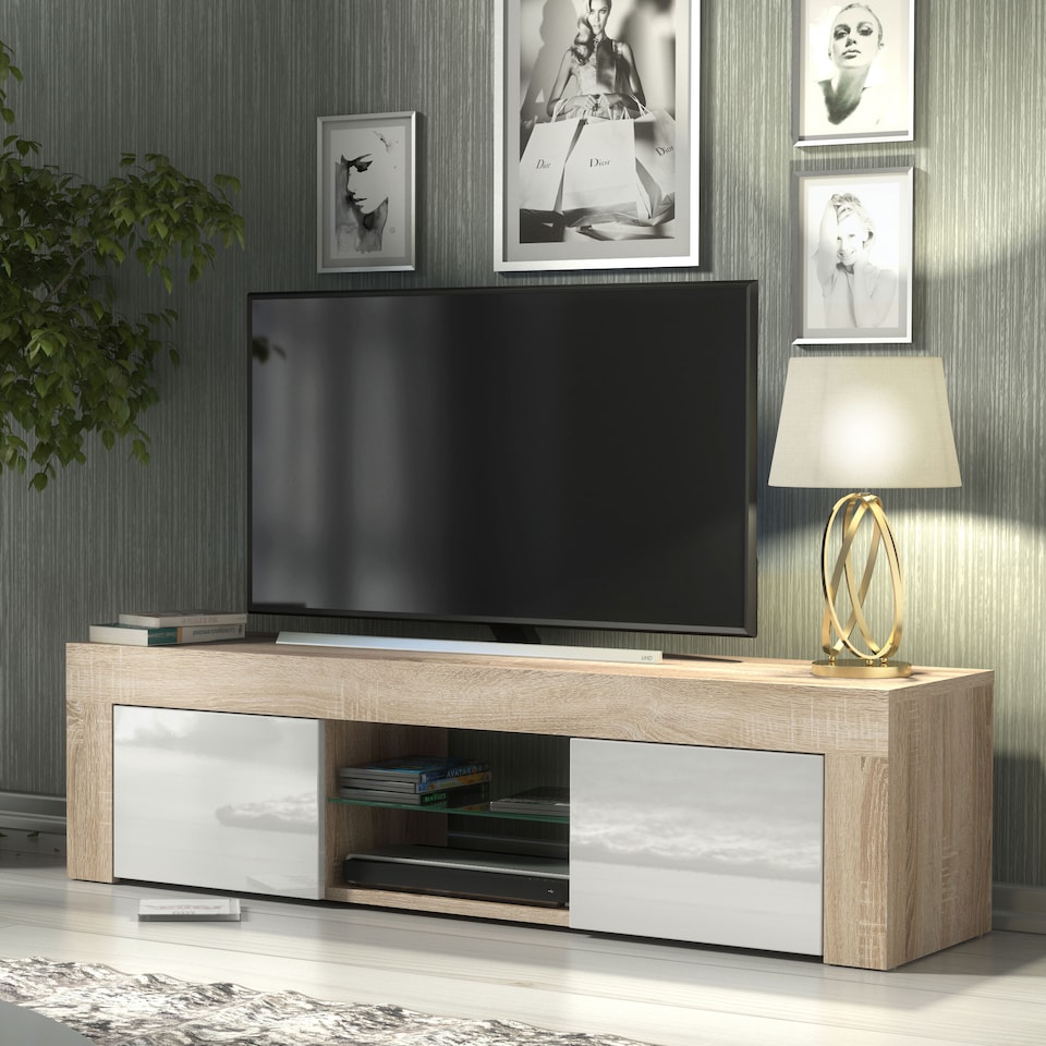 image 1 of TV Unit TV Stand Cabinet Sideboard Oak White High Gloss Storage 130cm