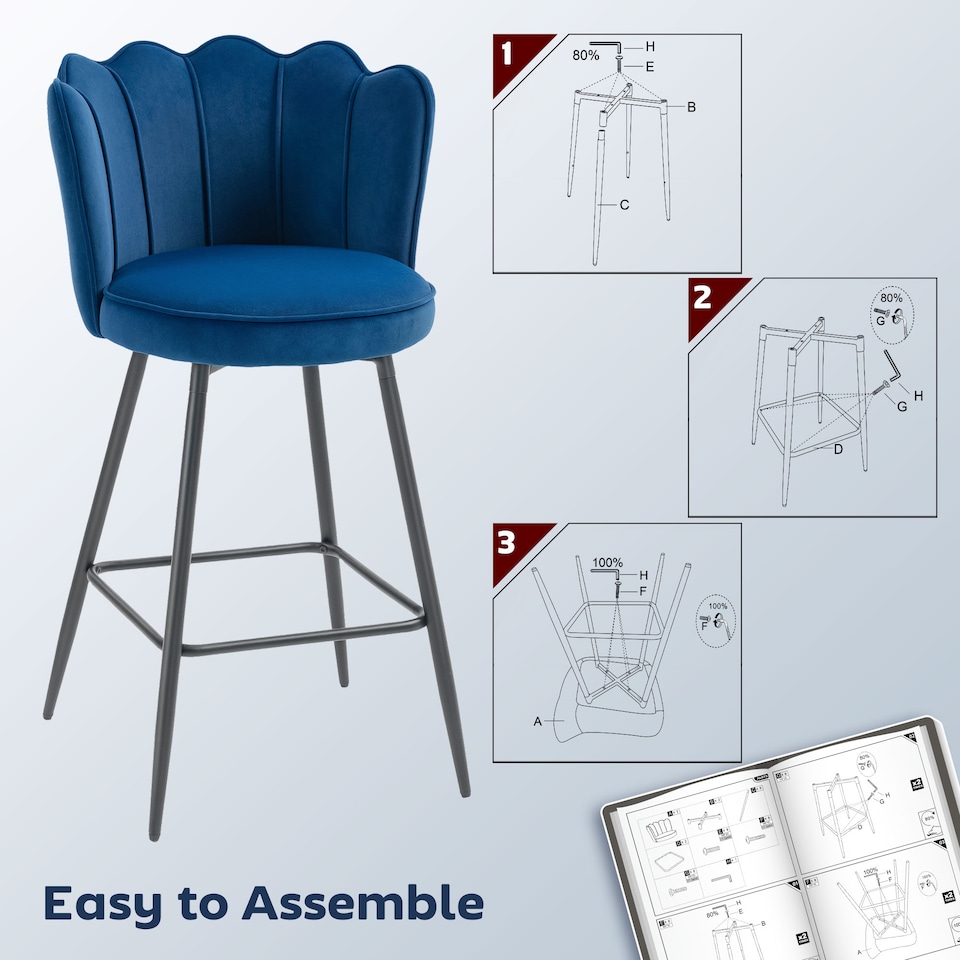 image 1 of HOMCOM Bar Stools Set of 2, Modern Velvet-Feel Barstools with Petal Backrest and Footrest, Upholstered Breakfast Bar Chairs with Metal Legs for Kitchen Island Counter, Dining Room, Dark Blue | Blue | Dark Blue | 2